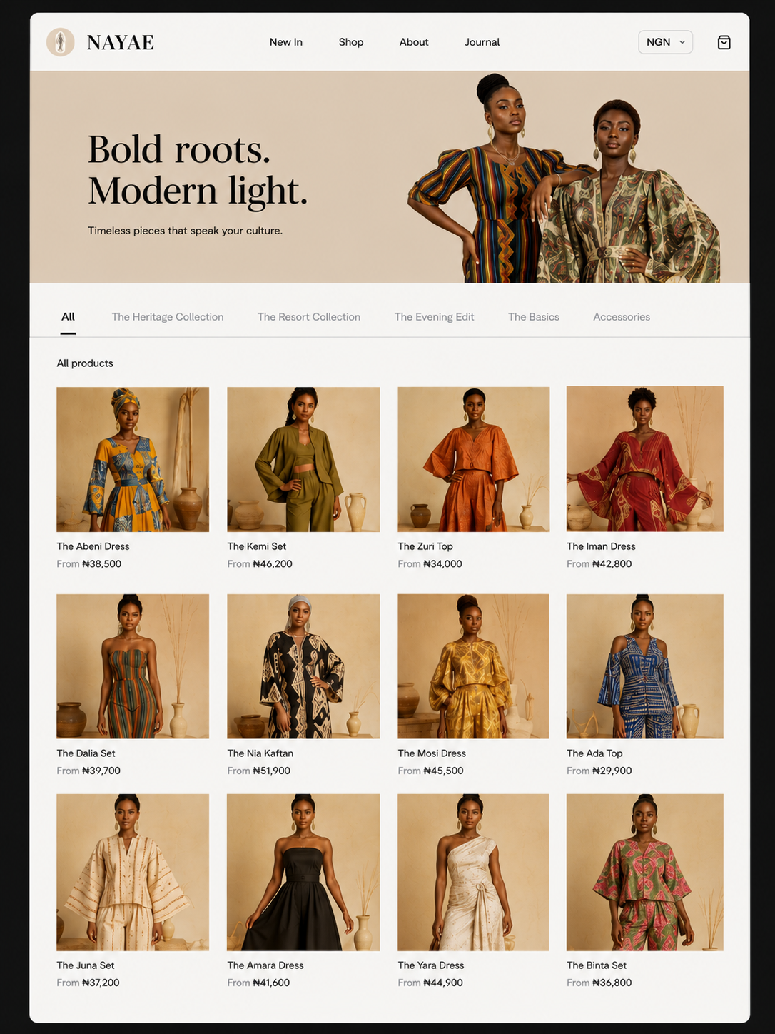 NAYAE online fashion storefront showing its campaign and product collection