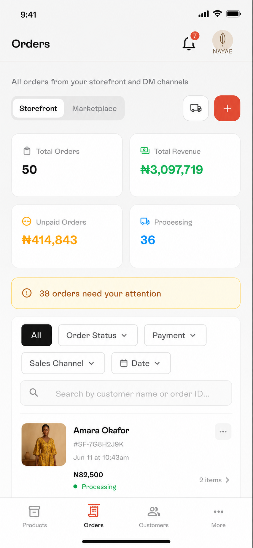 Slicq mobile dashboard showing orders, revenue and order filters